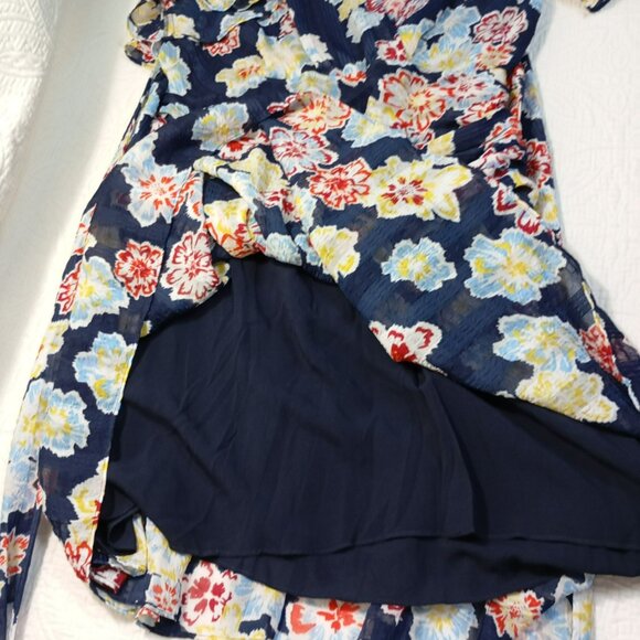 Tanya Taylor Floral Wrap Dress Navy Blue Multicolor Short Sleeve Size 10 Womens - Picture 9 of 11